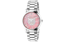 Часы женские Gucci G Timeless Collection с кварцевым механизмом, розовым циферблатом и браслетом из нержавеющей стали ya1264166