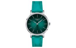 Кварцевые женские часы 34 мм с зеленым циферблатом в корпусе из нержавеющей стали и кожаным ремешком Tissot t143.210.17.091.00