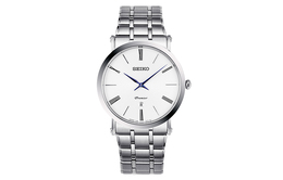 Кварцевый механизм Мужские часы Seiko с белым циферблатом на стальном браслете skp391j1
