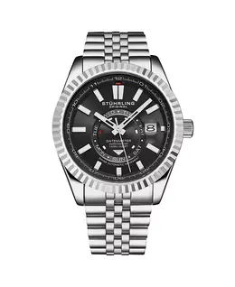Мужские швейцарские автоматические часы Datemaster II из нержавеющей стали, корпус 42 мм, черный циферблат, рифленый безель, индикатор дня недели и даты, водонепроницаемость 100 м Stuhrling 20920081 | black