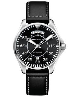 Мужские швейцарские автоматические часы цвета хаки Pilot с черным кожаным ремешком, 42 мм Hamilton 1986744 | no color