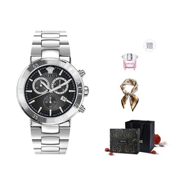 Versace Часы Wrist Watch Quartz Movement Stainless Steel Watchband 43 Black Dial Men's Watch Purple Rose Box+Silk Scarf, Black Silver vepy00320 | black silver