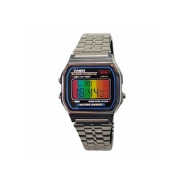 Casio Часы Retrofit Series Quartz Movement Stainless Steel Strap Watch Men's Watch Purple Watch Dial, Silver Strap Multicolor Vertical Stripes Watch Glass a159wa-n1d（watch3-改装-暗紫银小方块） | silver strap multicolor vertical stripes watch glass
