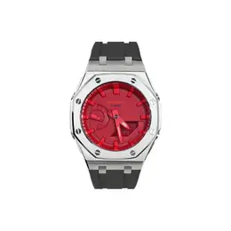 Casio Часы Unisex Liquid Crystal/Analog Dual Display Series 44mm Red Watch, Red Dial Silver Case Black Strap ga-2100-4a(watch1-改装-离岸钢壳胶） | red dial silver case black strap