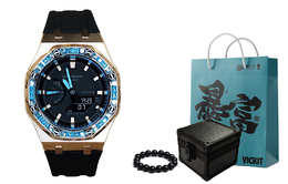 Casio Часы Men Liquid Crystal/Analog Dual Display Series 44mm Black Watch, Rose Gold Black Emerald Blue Diamond ga-2100-1a1（watch3-改装-玫金黑碧蓝钻） | rose gold black emerald blue diamond