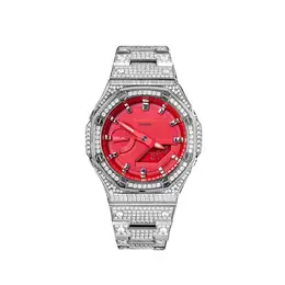 Casio Часы Men Liquid Crystal/Analog Dual Display Series Red Watch, Red Silver Wave Silver Scale-Silver Full Diamond ga-2100-4a（watch8-改装-红银波银刻度） | red silver wave silver scale-silver full diamond