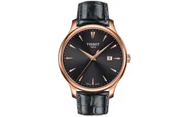 Tissot Часы Junya Collection Quartz Movement Men's Watch 42mm Black Dial Gold Plated Watch Case Leather Strap, Black Dial t063.610.36.086.00 | black dial