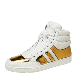 Gucci White/Gold Leather Lace Up High Top Sneakers Size 43.5 458310