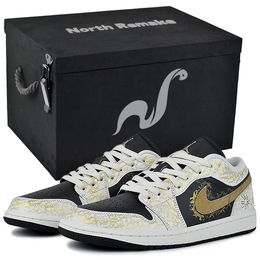 Jordan Баскетбольные кроссовки Air 1 с низким верхом, износостойкие, винтажные, мужские, черно-белые ih0649-021(team96-金色太阳神s-box) | gold sun god-gift box 1