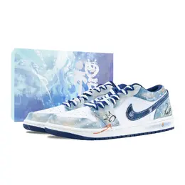 Jordan Эйр 1 Граффити Деним Износостойкие Лоу-топ Винтажные баскетбольные кроссовки Мужские Бело-Голубые - Бело-Голубые (Специальная коробка), цвет White Blue (Special Box) ih0648-141（team836-涂鸦牛仔-sbox） | white blue (special box)