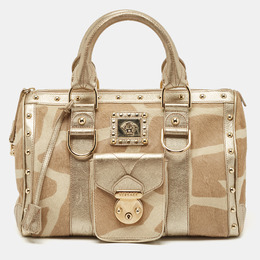 Versace Gold/Beige Calf Hair and Leather Snap Out Of It Satchel 1128330