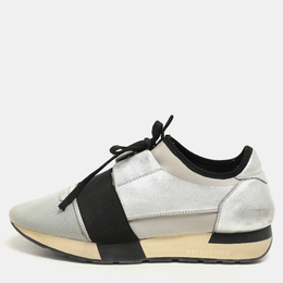 Balenciaga Silver Leather and Knit Fabric Race Runner Low Top Sneakers Size 39 1147213