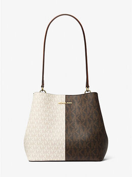 Michael Kors Средняя двухцветная сумка Pratt с фирменным логотипом, Brown Multi 35f5g3fs6v | brown multi