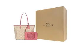 Coach Сумка-шоппер из холста с кожаными вставками комбинированная женская большая через плечо бежевая и розовая 36658-imbe5