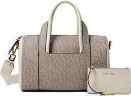 Сумка Calvin Klein Geeta Signature Satchel, цвет Almond/Taupe/White 9970982 | almond/taupe/white