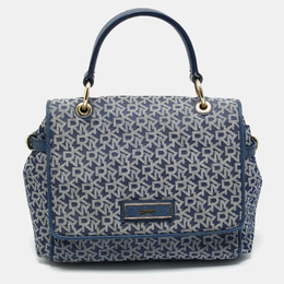 DKNY Blue Signature Canvas and Leather Trim Flap Top Handle Bag 1194100