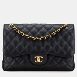 Chanel Matelasse Coco Mark Double Flap Chain Shoulder Bag Black Caviar Skin 1235906