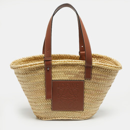 Loewe Tan/Natural Palm Leaf and Leather Medium Basket Tote 1238159