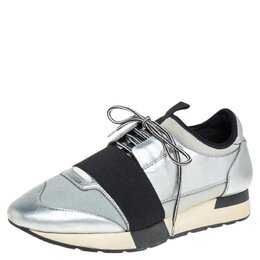 Balenciaga Silver Leather And Knit Fabric Race Runner Low Top Sneakers Size 38 461358