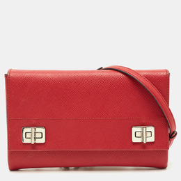 Prada Red Saffiano Lux Leather Double Turnlock Flap Crossbody Bag 1204999