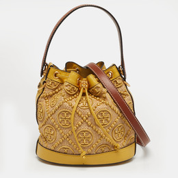 Tory Burch Yellow/Beige Leather and Raffia T Monogram Bucket Bag 1234581