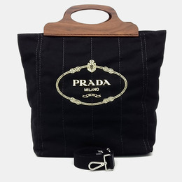Prada Black Brown Canvas Canappa Legno Shopper Bag 1202057