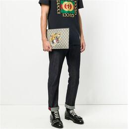 Gucci ГУЧЧИ Мужская сумка-клатч из кожи и холста Ebony/Black 473904-9cc1n-8666