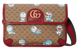 Совместная коллекция Doraemon: холщовая поясная сумка с кожаным ремнём унисекс бежевый/эбеновый/вишнёво-красный Gucci 647817-2tjbg-8587