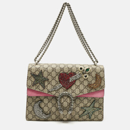 Gucci Pink/Beige GG Supreme Canvas and Suede Medium Crystals Embellished Dionysus Shoulder Bag 1191261