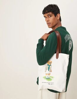 Сумка-тоут Polo Ralph Lauren Wimbledon Capsule с принтом медведя среднего размера из холста белого цвета 143312564 | white