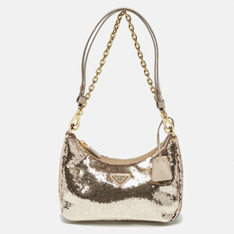 Prada Metallic/Beige Sequins Mini Re-edition Shoulder Bag 1182348