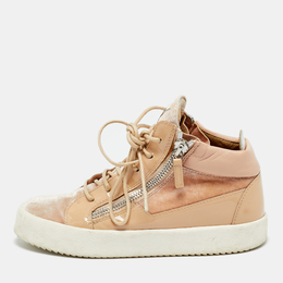 Giuseppe Zanotti Pink/Beige Leather and Patent Leather Mid Top Sneakers Size 37.5 1228605