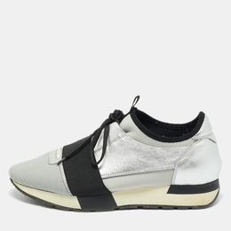 Balenciaga Silver Leather and Mesh Race Runner Low Top Sneakers Size 39 1224768
