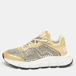 Versace Gold Glitter and Leather Trigreca Lace Up Sneakers Size 39 1050689