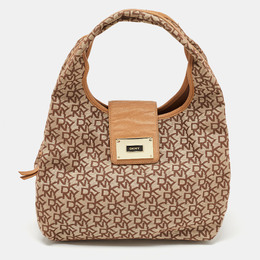 DKNY Beige Signature Fabric and Leather Town and Country Hobo 882506