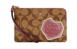 Coach Угловая сумка на молнии из холста и кожи на запястье клатч кошелек женский хаки и персиковый розовый c7290-ime7v