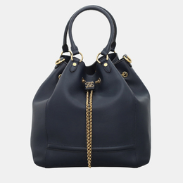 Fendi Dark Blue Leather Karligraphy Chain Medium Bucket Bag 1147342