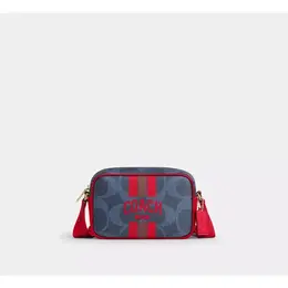 Сумка кросс-боди Coach Mini Jamie Camera Bag In Signature Canvas With Varsity Stripe, фактура зернистая, гладкая, синий, красный 4680558023