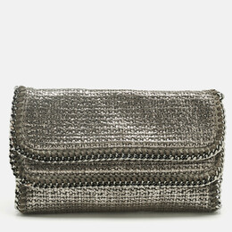 Stella McCartney Metallic Grey Woven Coated Fabric Falabella Fold Over Clutch 1238473