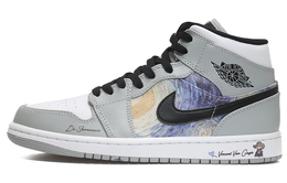 Jordan Джордан Эйр 1 Мид Мид-Топ Винтажные баскетбольные кроссовки Мужские Дымчато-серые 554724-092(team10-油画星空男烟灰qd) | gray