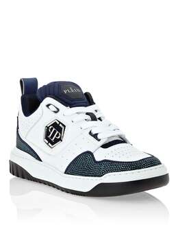 Кроссовки из микса кожи Lo-Top Crystal Philipp Plein, белый/темно-синий 7919877914684 | white/darkblue
