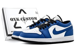 Jordan Баскетбольные кроссовки Air 1 Small Lightning Box с антискользящим покрытием, износостойкие, низкие, винтажные, мужские, белые, синие 553558-132(team1291-小闪电sbox) | white blue[special shoe box]