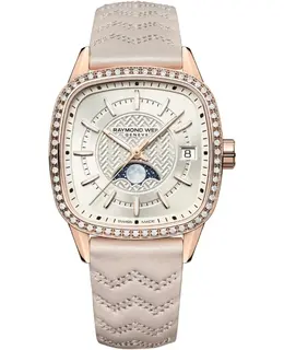 Raymond Weil Freelancer Automatic Moon Phase Cream Dial Diamond Bezel Leather Strap Women's Watch 2496-C5S-40051 2490-p-10051