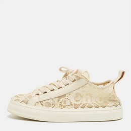 Chloé Cream Lace and Leather Lauren Lace Up Sneakers Size 39 1239728