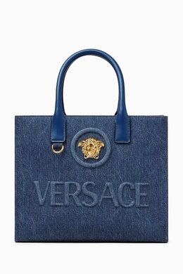 Versace Small La Medusa Tote Bag in Denim 217022237_4067