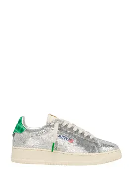 Autry-Sneakers Dallas Low `Sparkling` In Paillettes Argento E Verde-Donna 52756587118932