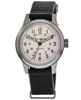 Bulova Hack Automatic Ivory Dial Black Leather Strap Men's Watch 96a246