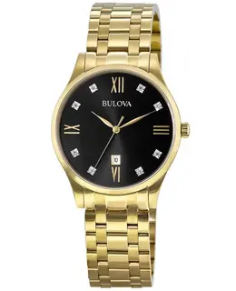 Bulova Diamond Black Dial Yellow Gold Tone Stainless Steel Men's Watch 97d108