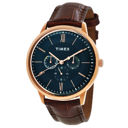Timex TW2T24100 Mens Quartz Blue Dial Watch with Rose Gold-tone Steel Case and Brown Leather Strap