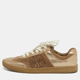 Tory Burch Beige/Gold Suede and Metallic Leather Perforated Logo Sneakers Size 38.5 1242733